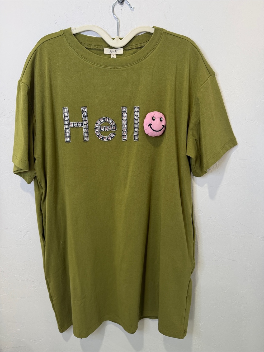 easel Olive Green "Hello" Embellished Tee with Pink Smiley